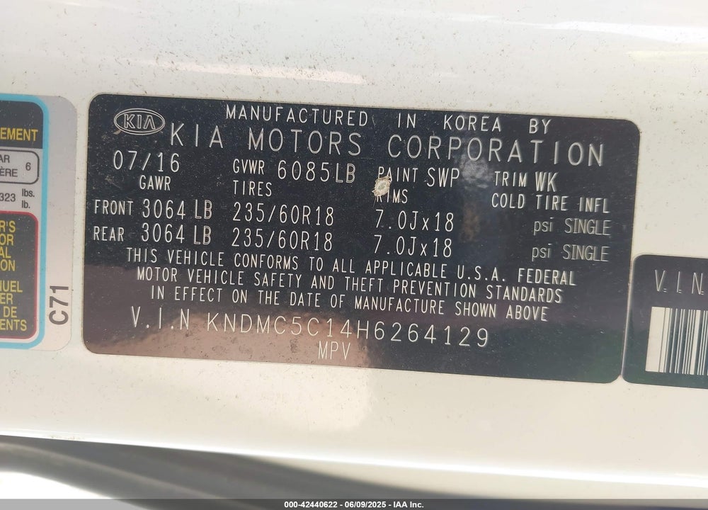 2017 KIA SEDONA EX VIN: KNDMC5C14H6264129