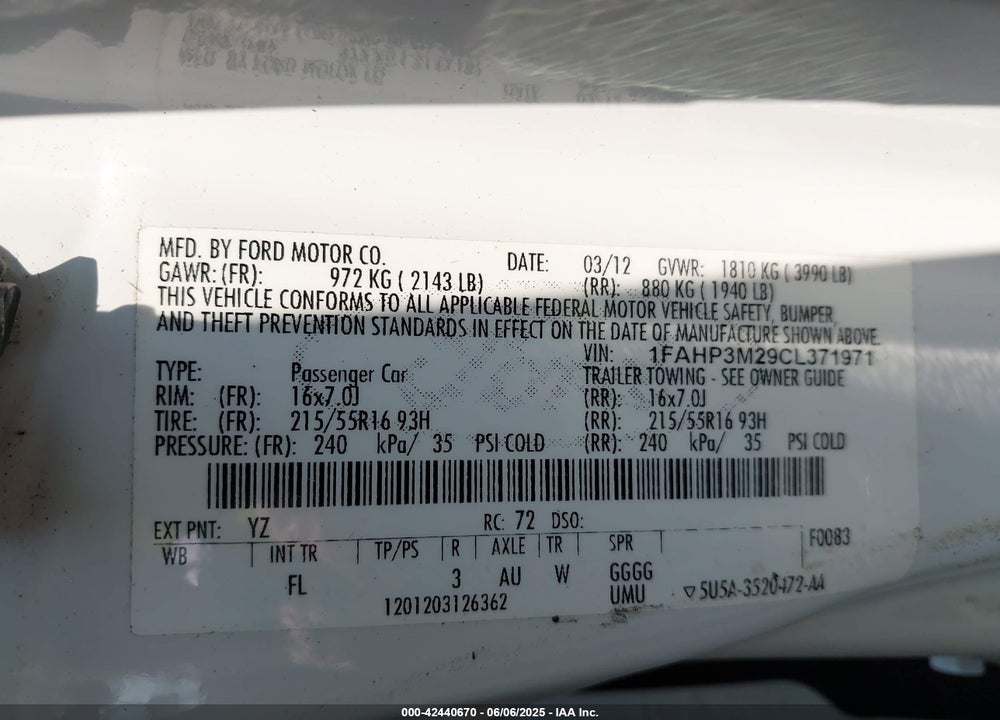 2012 FORD FOCUS SEL VIN: 1FAHP3M29CL371971