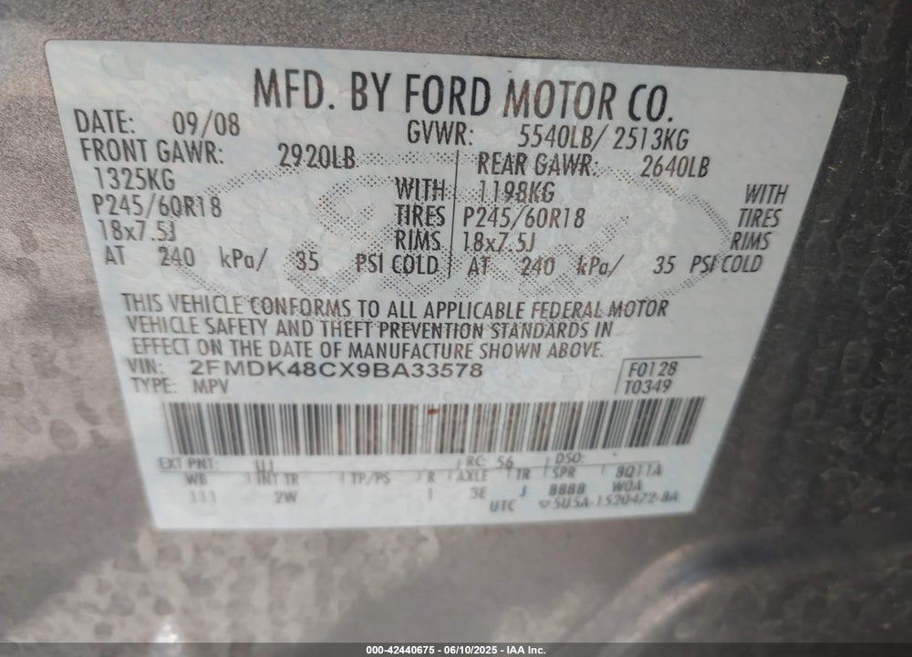 2009 FORD EDGE VIN: 2FMDK48CX9BA33578