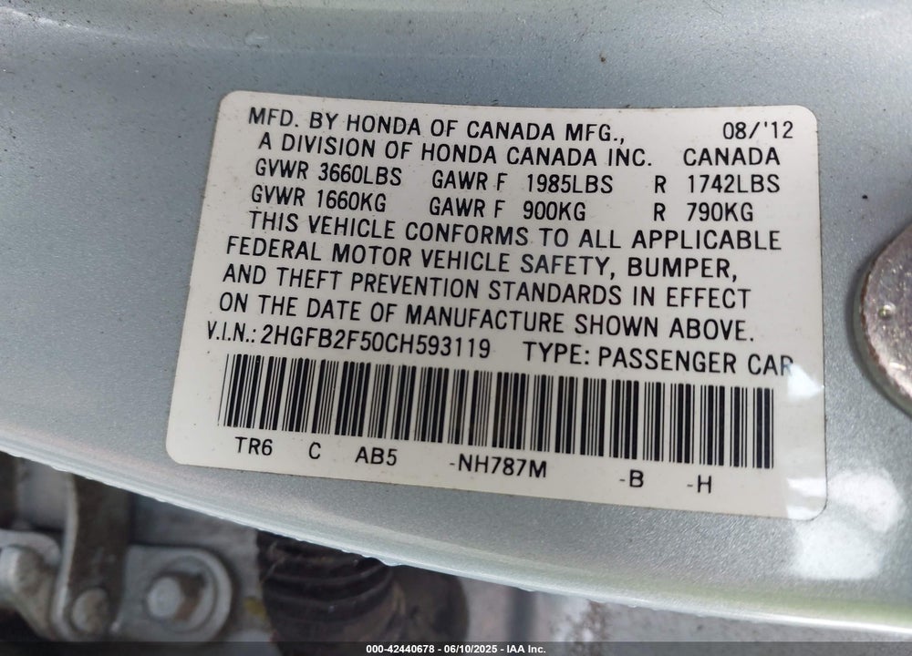 2012 HONDA CIVIC VIN: 2HGFB2F50CH593119