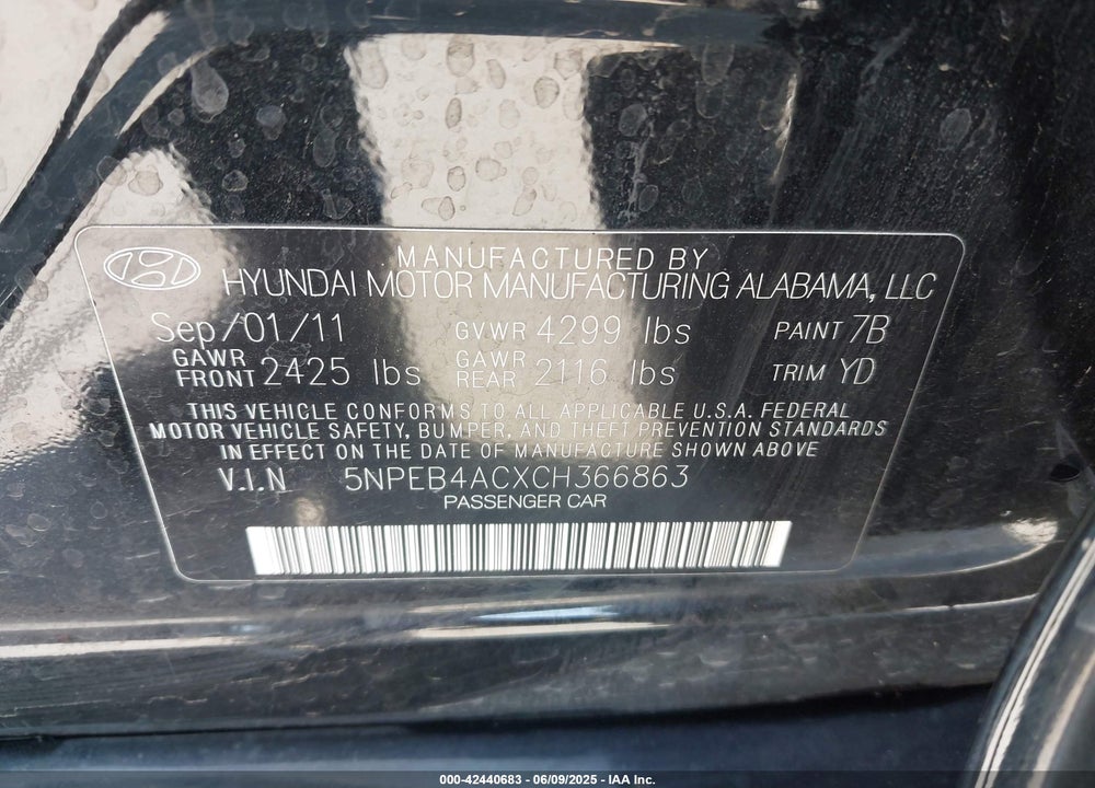 2012 HYUNDAI SONATA VIN: 5NPEB4ACXCH366863