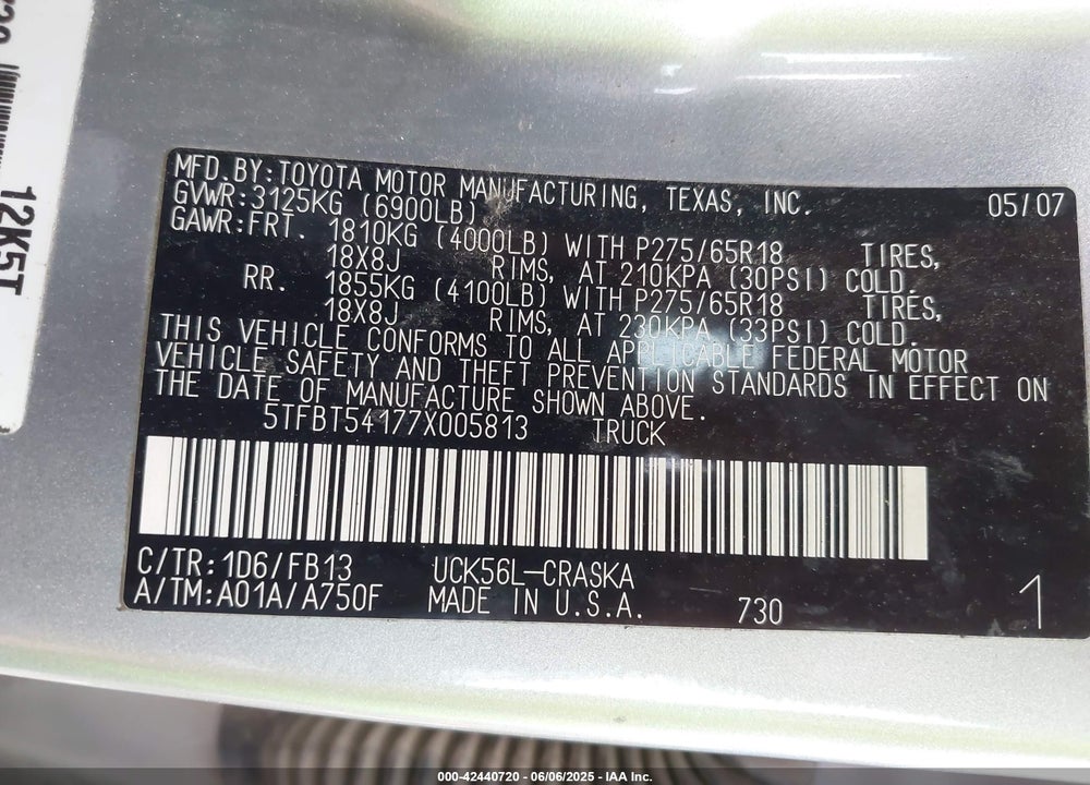 2007 TOYOTA TUNDRA VIN: 5TFBT54177X005813