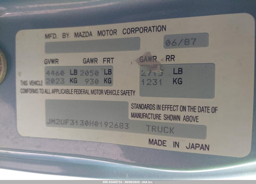 1987 MAZDA B2200 VIN: JM2UF3130H0192683