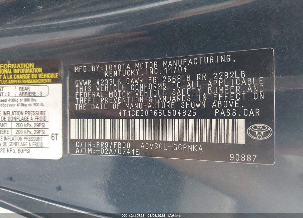 2005 TOYOTA CAMRY SOLARA SE VIN: 4T1CE38P65U504825