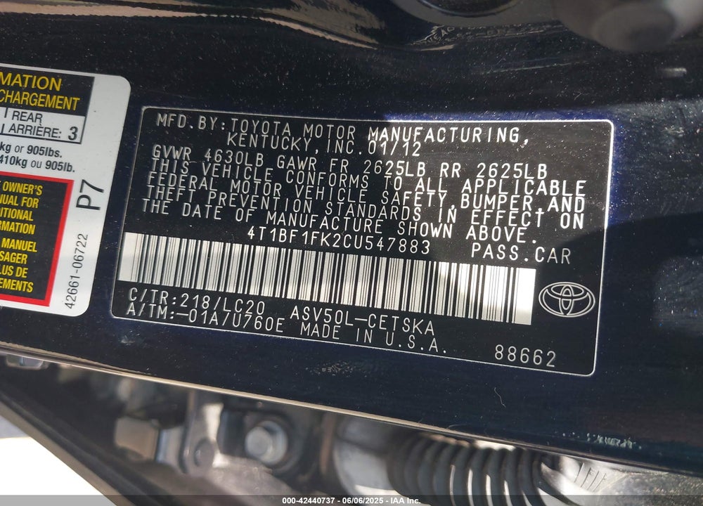 2012 TOYOTA CAMRY VIN: 4T1BF1FK2CU547883
