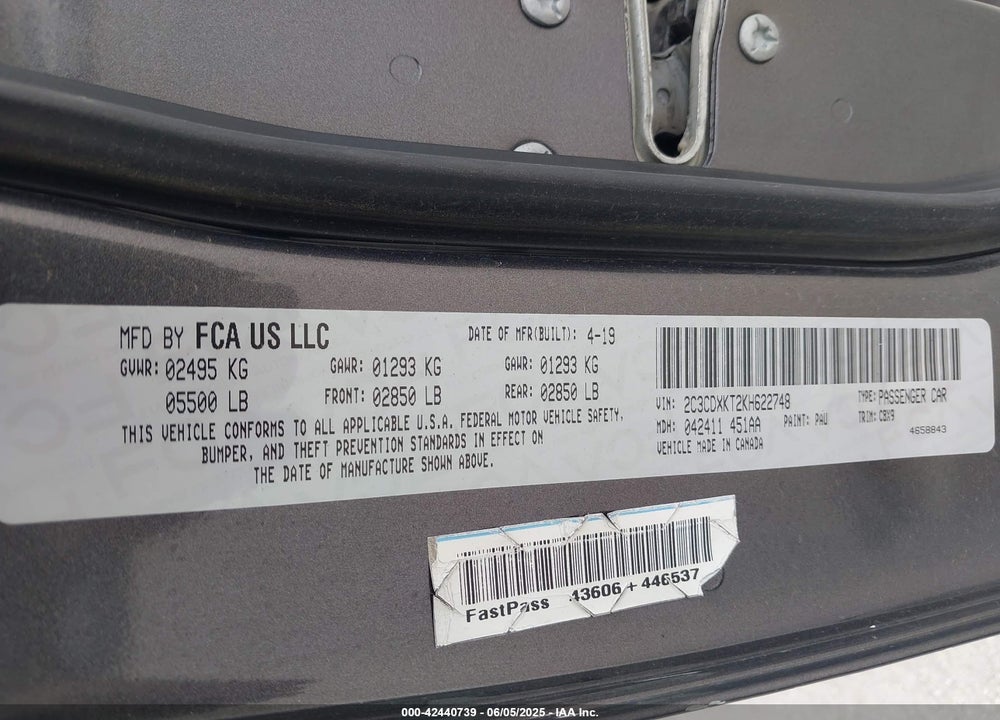 2019 DODGE CHARGER VIN: 2C3CDXKT2KH622748