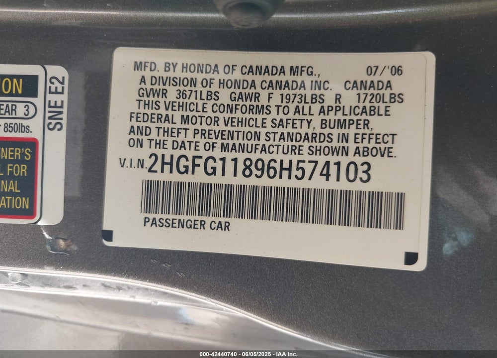 2006 HONDA CIVIC VIN: 2HGFG11896H574103