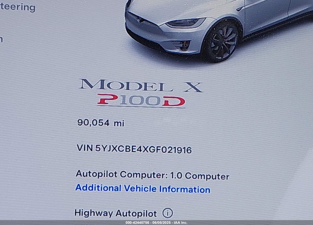2016 TESLA MODEL X VIN: 5YJXCBE4XGF021916