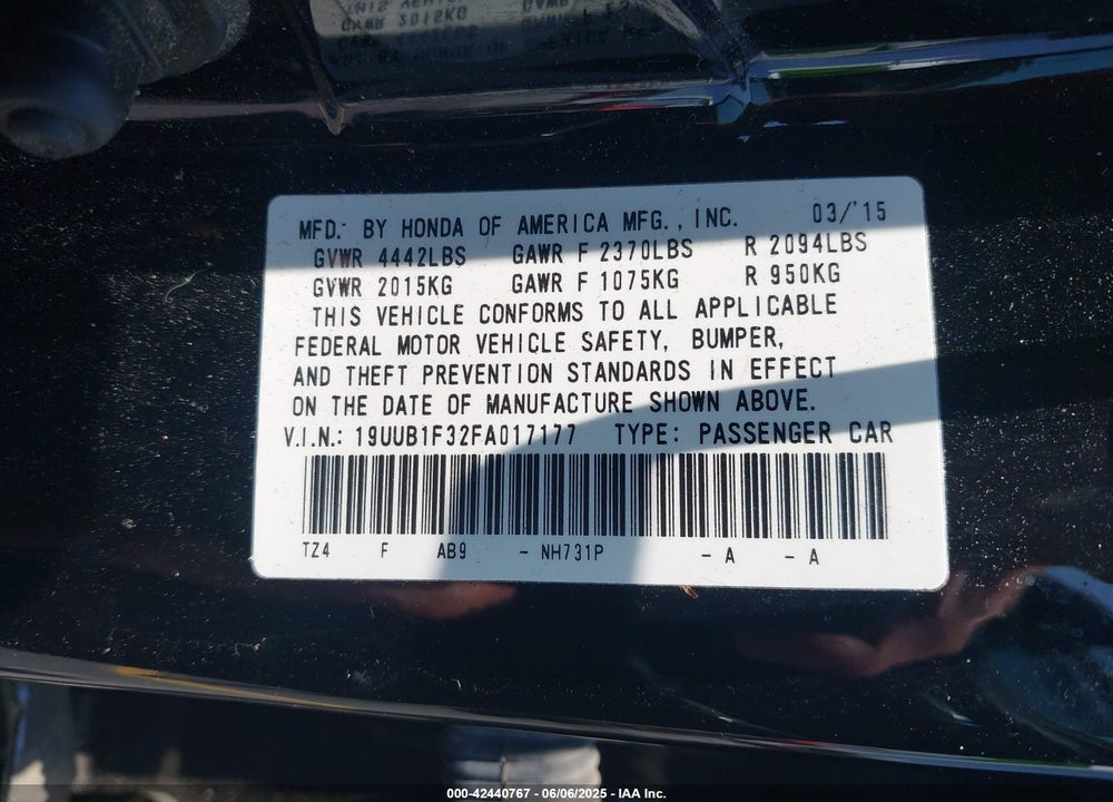 2015 ACURA TLX VIN: 19UUB1F32FA017177