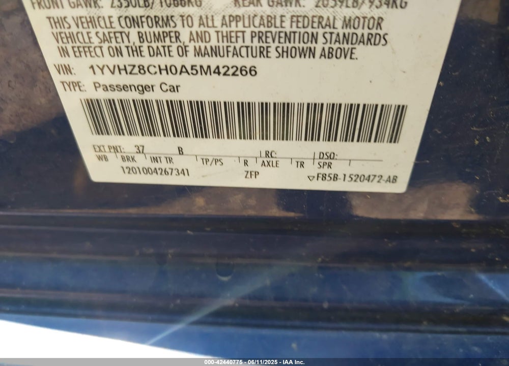 2010 MAZDA 6 I TOURING VIN: 1YVHZ8CH0A5M42266