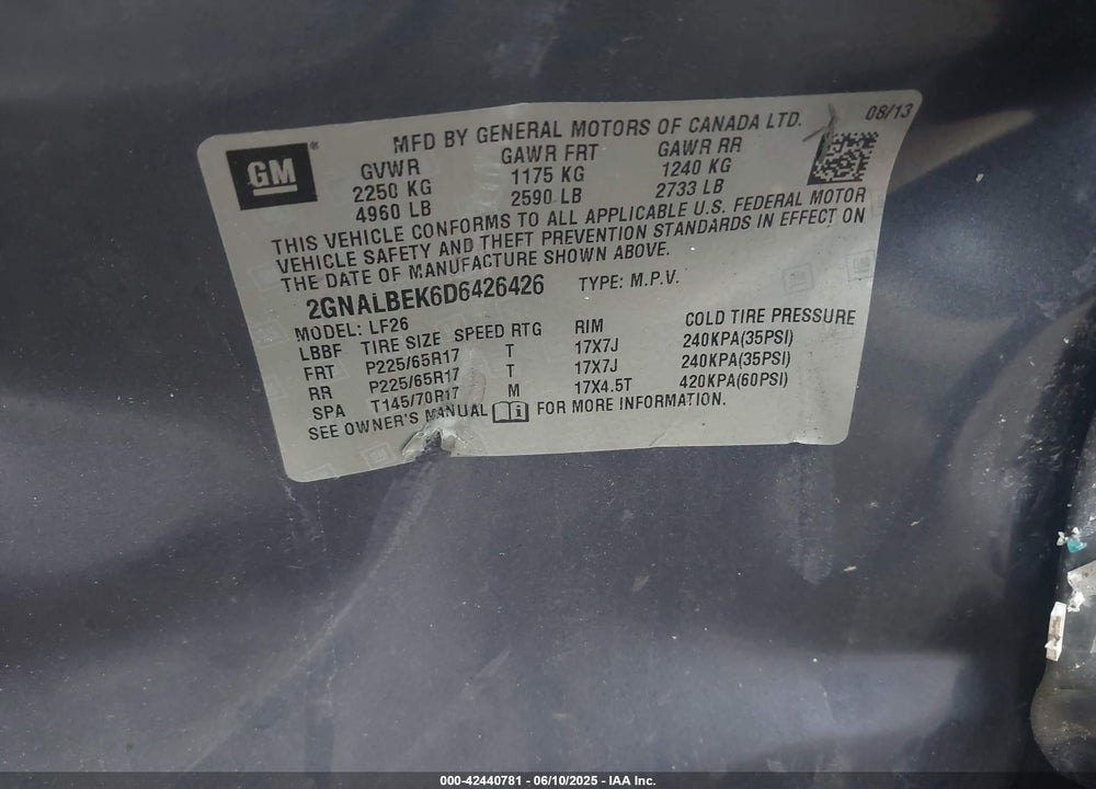 2013 CHEVROLET EQUINOX VIN: 2GNALBEK6D6426426