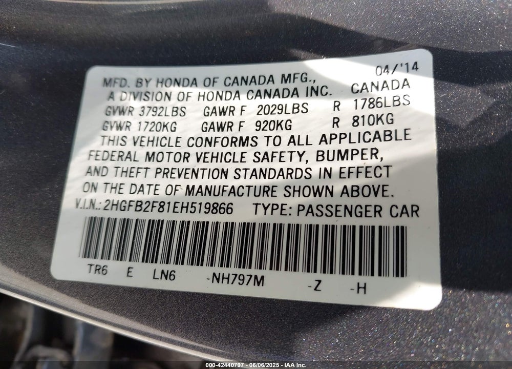 2014 HONDA CIVIC VIN: 2HGFB2F81EH519866