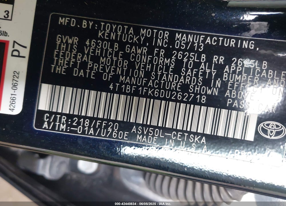 2013 TOYOTA CAMRY VIN: 4T1BF1FK6DU262718