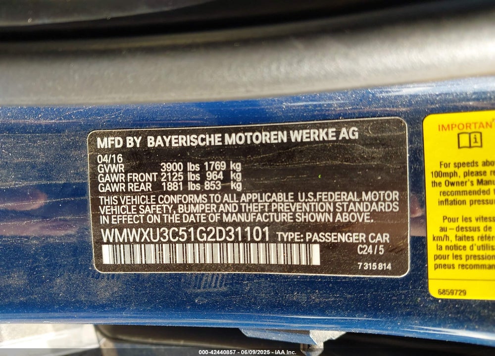 2016 MINI COOPER VIN: WMWXU3C51G2D31101