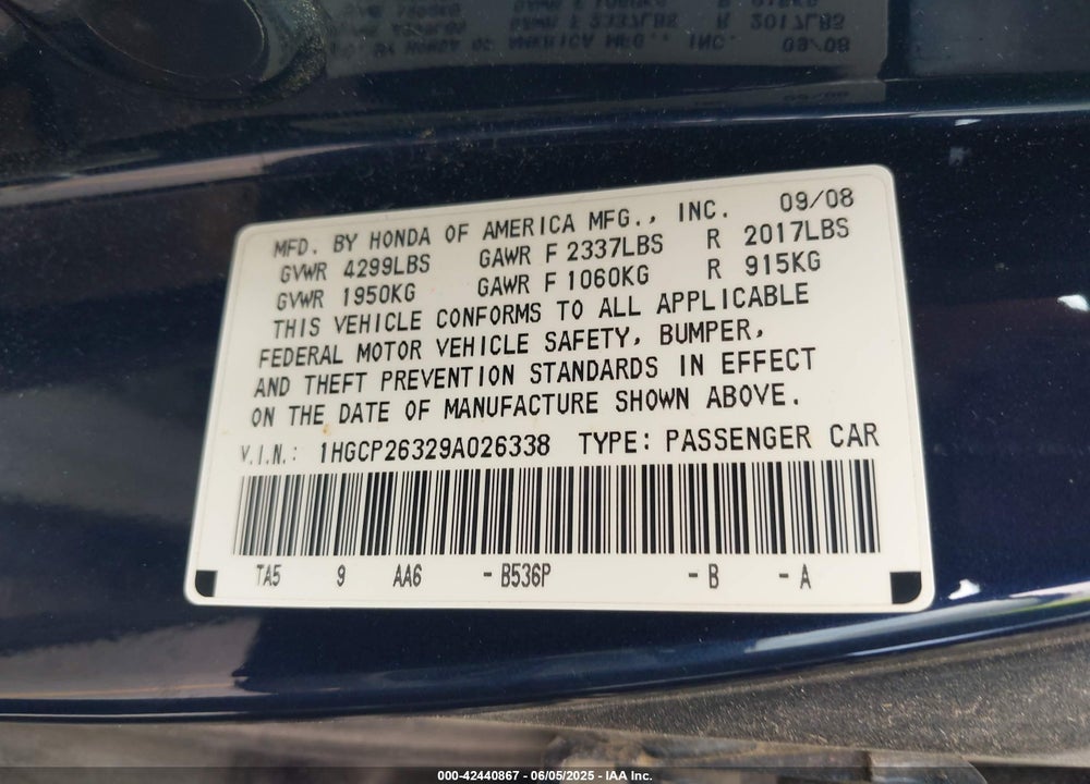 2009 HONDA ACCORD VIN: 1HGCP26329A026338