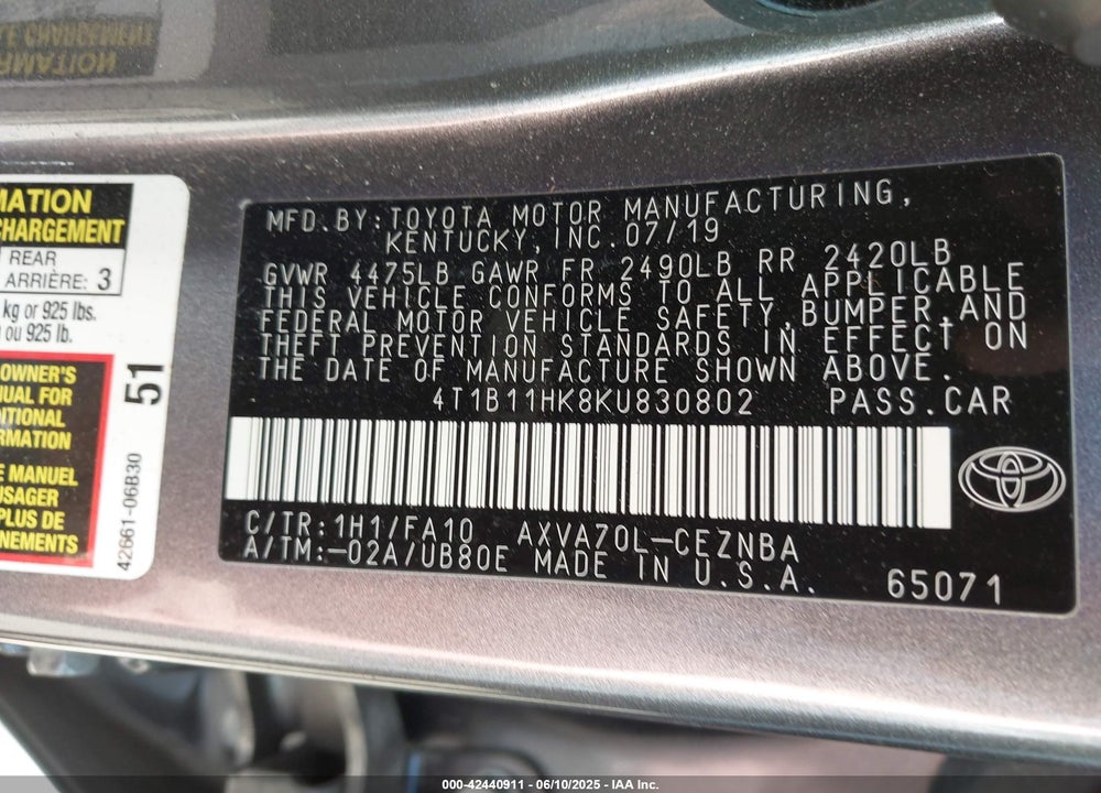 2019 TOYOTA CAMRY LE VIN: 4T1B11HK8KU830802
