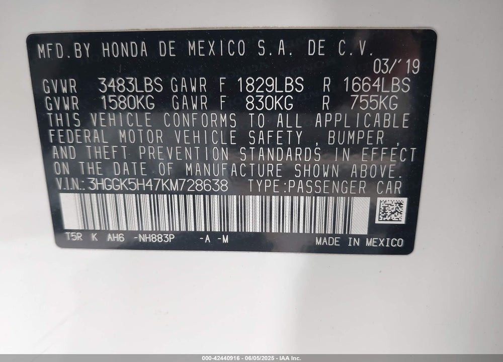 2019 HONDA FIT VIN: 3HGGK5H47KM728638