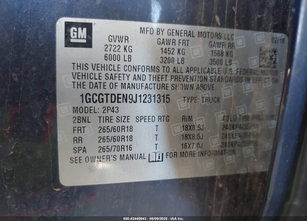 2018 CHEVROLET COLORADO VIN: 1GCGTDEN9J1231315