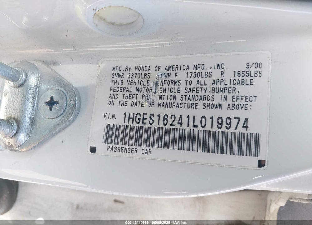 2001 HONDA CIVIC DX VIN: 1HGES16241L019974