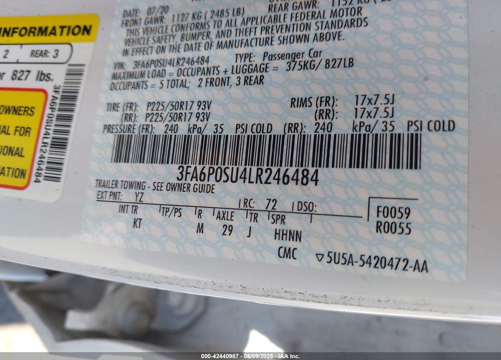 2020 FORD FUSION VIN: 3FA6P0SU4LR246484