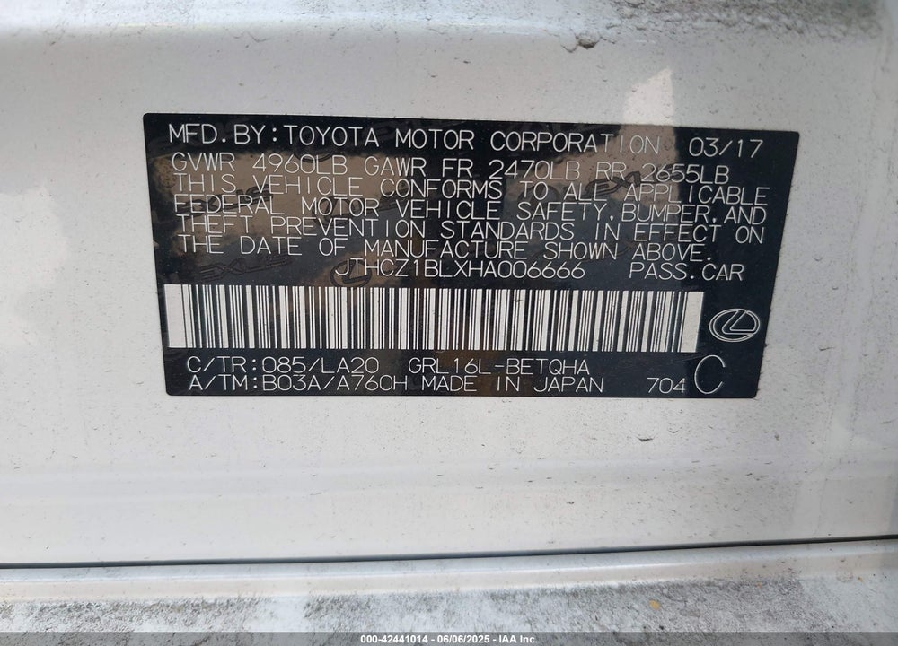 2017 LEXUS GS350 VIN: JTHCZ1BLXHA006666
