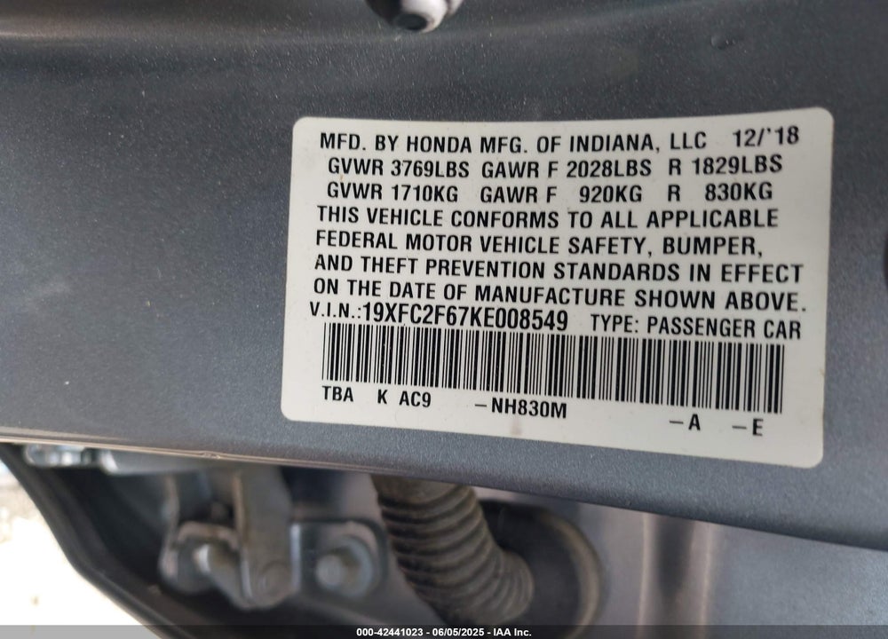2019 HONDA CIVIC VIN: 19XFC2F67KE008549