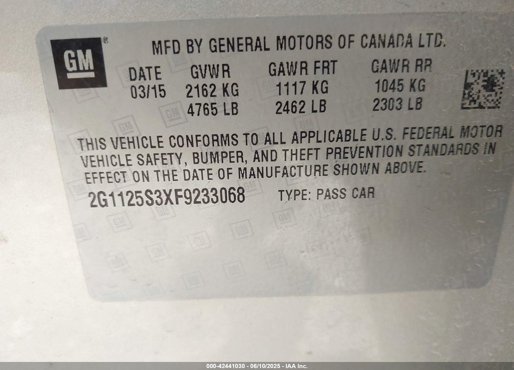 2015 CHEVROLET IMPALA VIN: 2G1125S3XF9233068