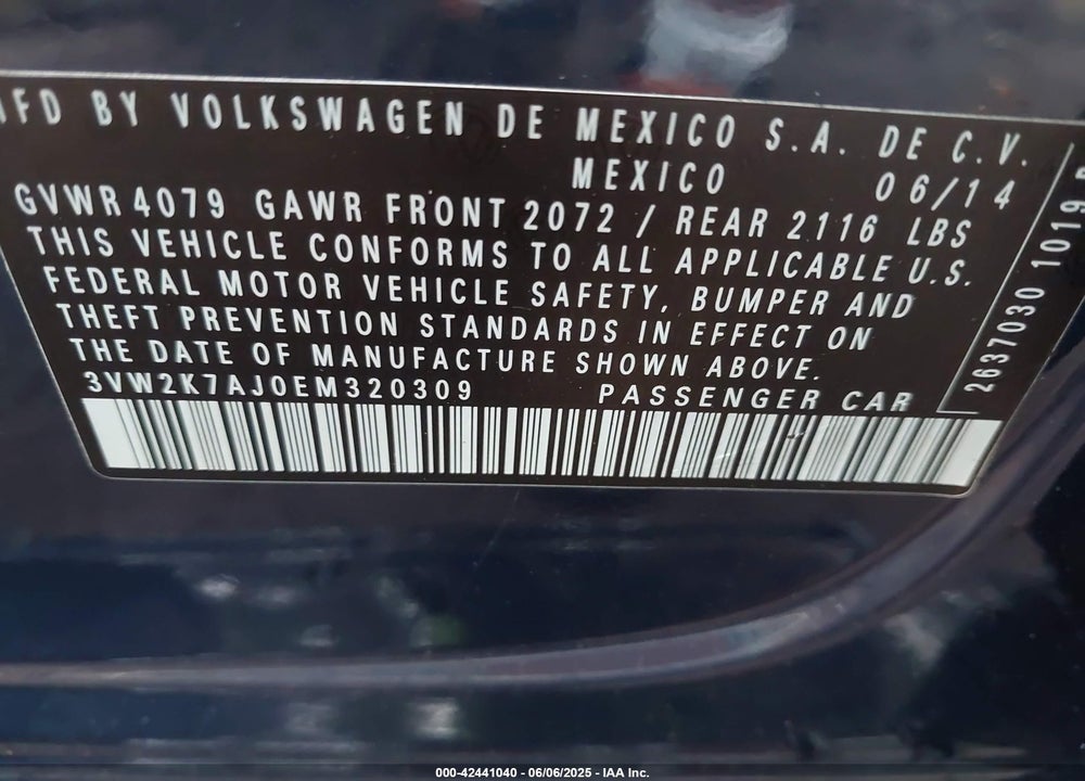 2014 VOLKSWAGEN JETTA VIN: 3VW2K7AJ0EM320309