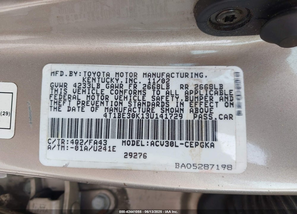 2003 TOYOTA CAMRY XLE VIN: 4T1BE30K13U141729