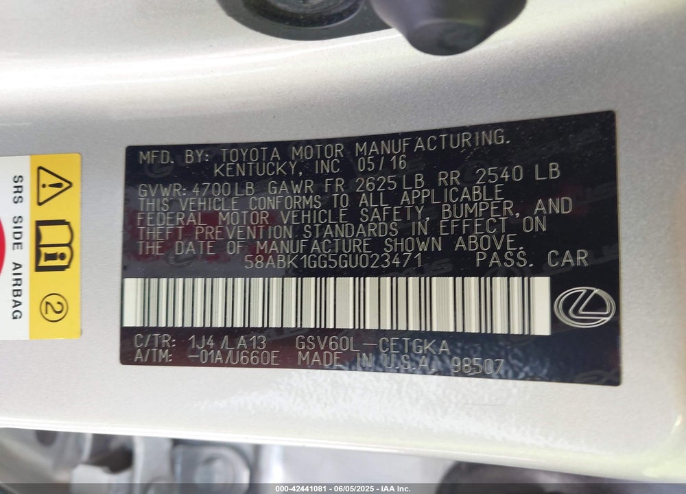 2016 LEXUS ES350 VIN: 58ABK1GG5GU023471