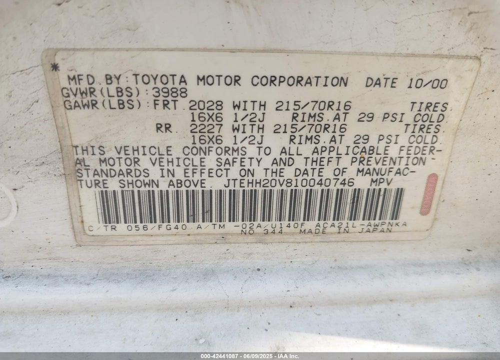 2001 TOYOTA RAV4 VIN: JTEHH20V810040746
