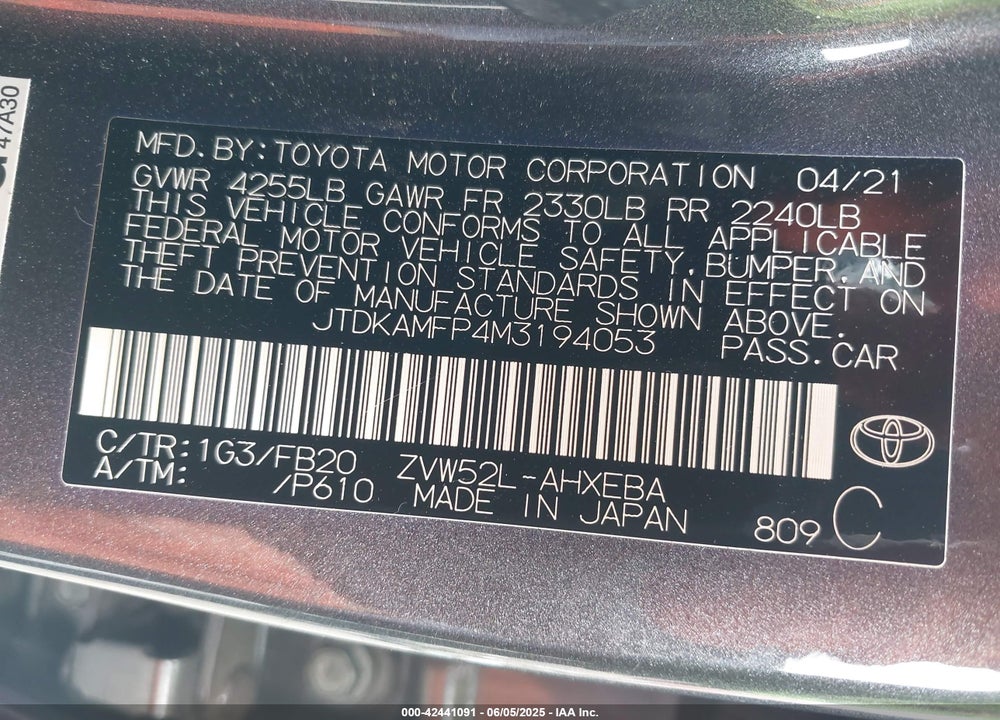 2021 TOYOTA PRIUS PRIME VIN: JTDKAMFP4M3194053