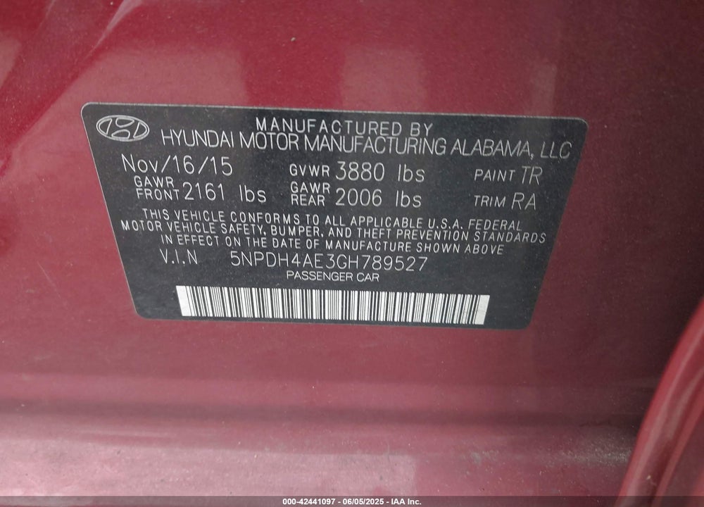 2016 HYUNDAI ELANTRA SE VIN: 5NPDH4AE3GH789527