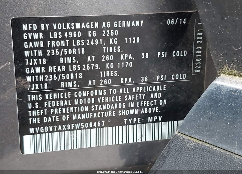 2015 VOLKSWAGEN TIGUAN SEL VIN: WVGBV7AX9FW506457