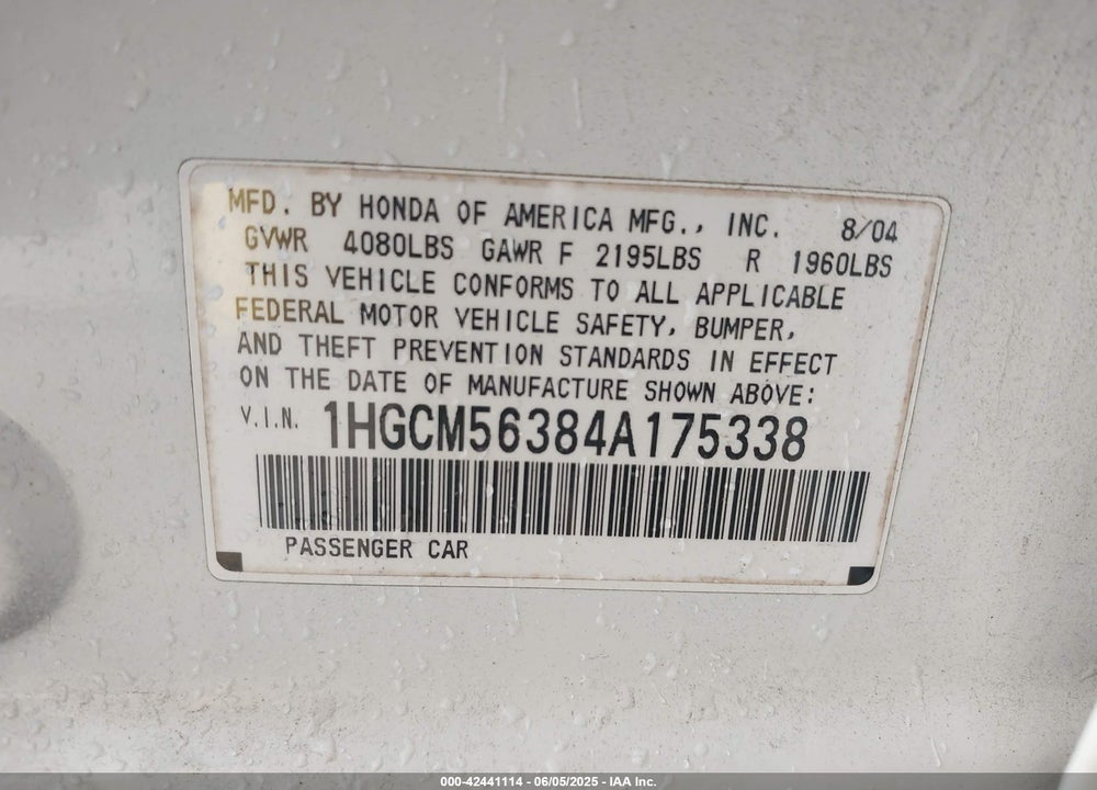 2004 HONDA ACCORD 2.4 LX VIN: 1HGCM56384A175338