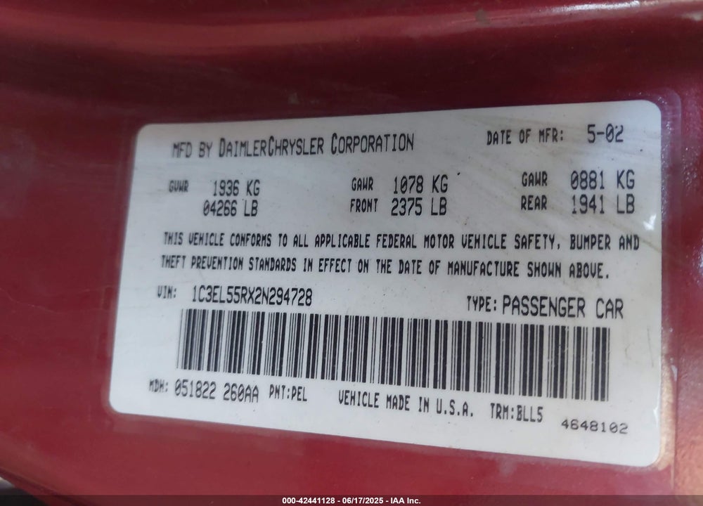 2002 CHRYSLER SEBRING LXI VIN: 1C3EL55RX2N294728