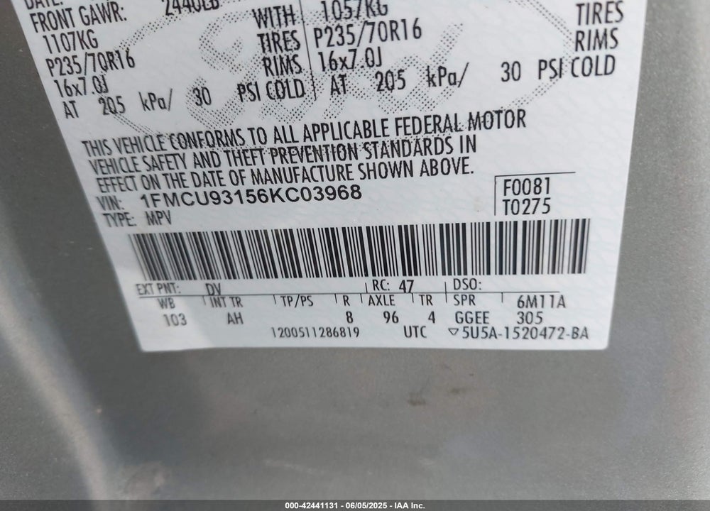 2006 FORD ESCAPE VIN: 1FMCU93156KC03968