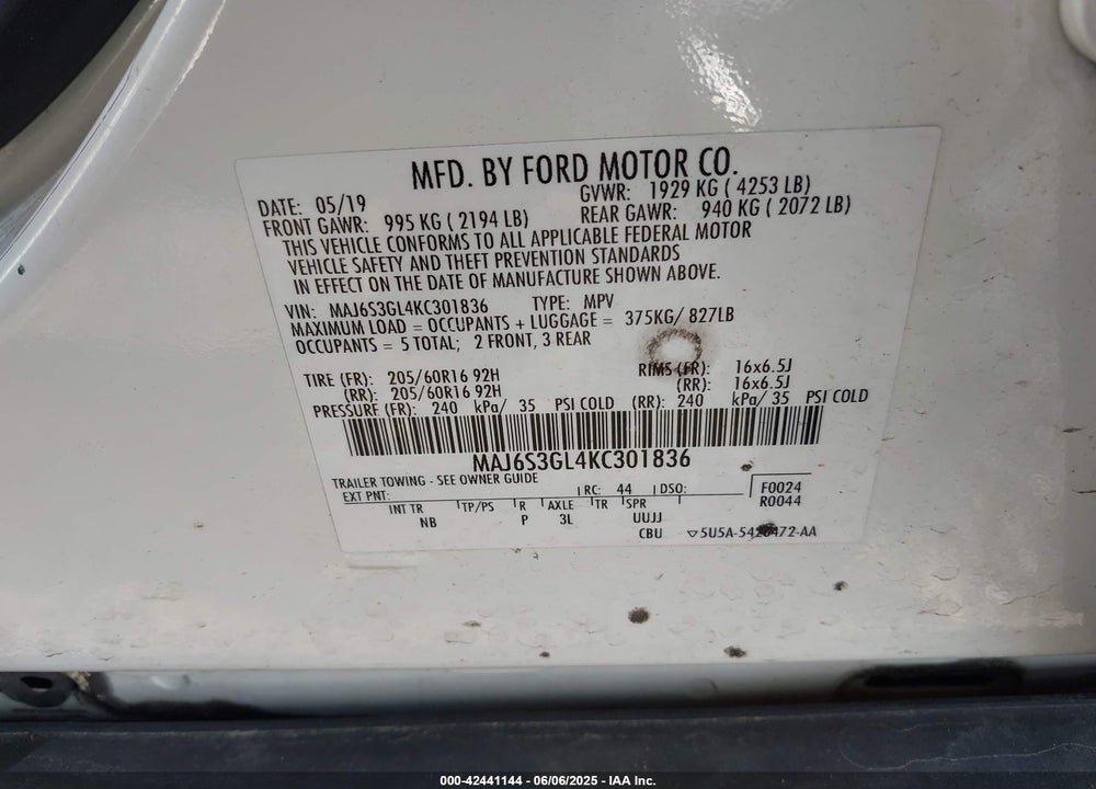 2019 FORD ECOSPORT VIN: MAJ6S3GL4KC301836
