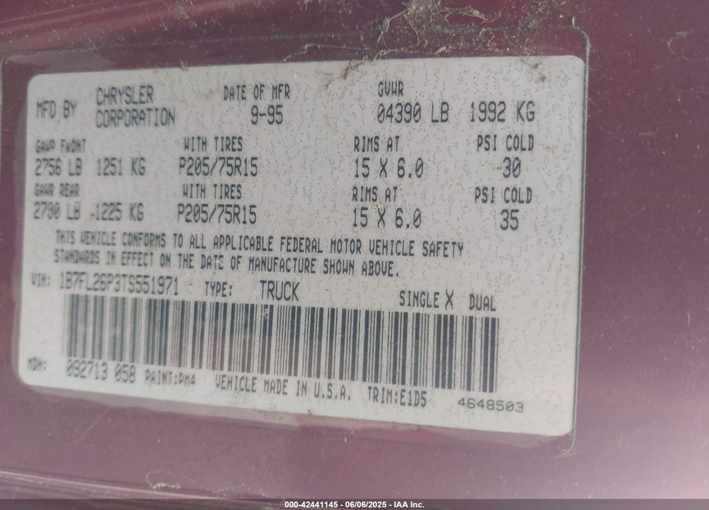 1996 DODGE DAKOTA VIN: 1B7FL26P3TS551971