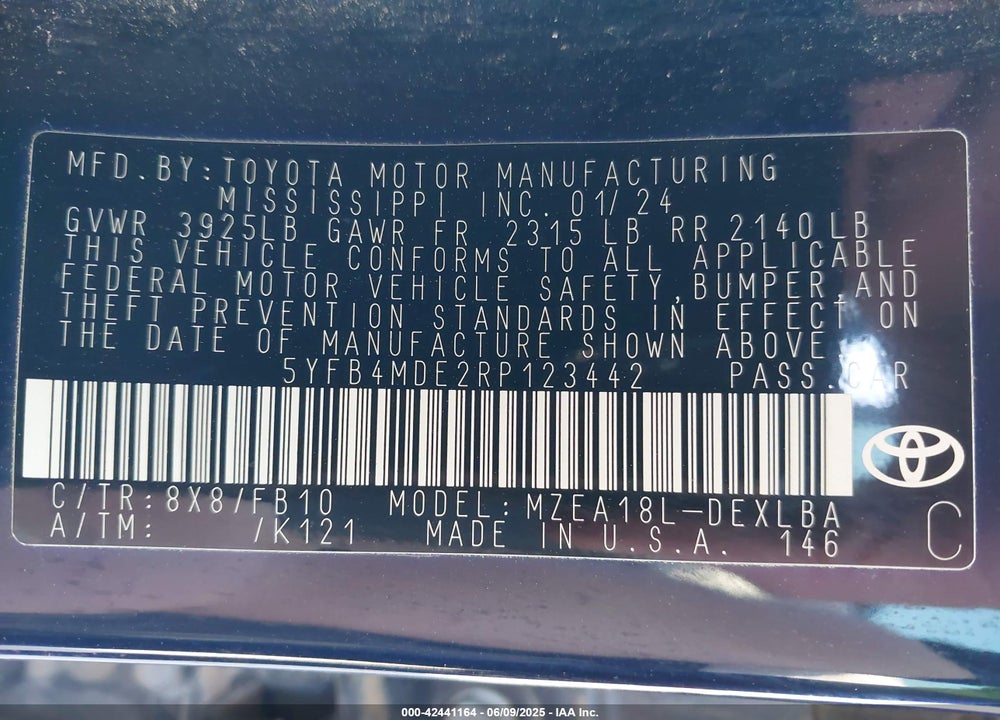 2024 TOYOTA COROLLA VIN: 5YFB4MDE2RP123442