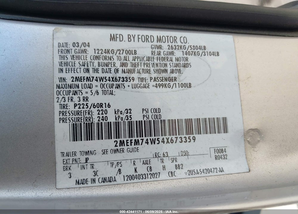 2004 MERCURY GRAND MARQUIS VIN: 2MEFM74W54X673359