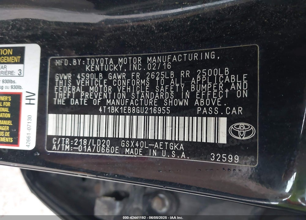 2016 TOYOTA AVALON XLE VIN: 4T1BK1EB8GU216955