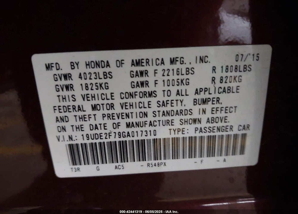 2016 ACURA ILX VIN: 19UDE2F79GA017310