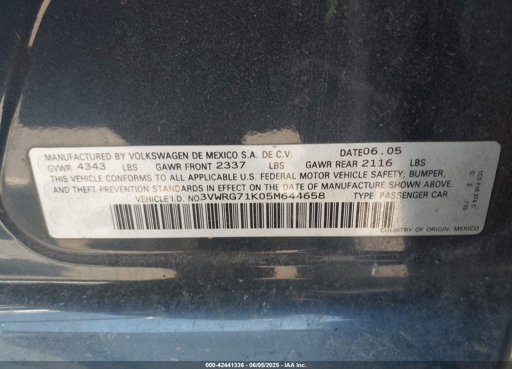 2005 VOLKSWAGEN JETTA 2.5 VIN: 3VWRG71K05M644658