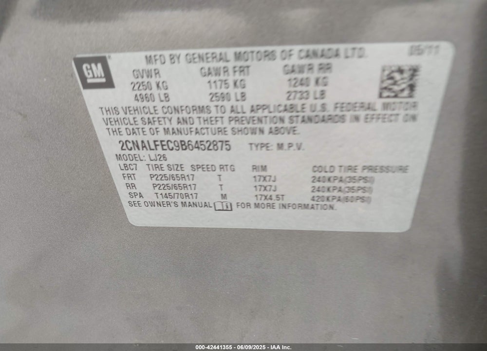 2011 CHEVROLET EQUINOX VIN: 2CNALFEC9B6452875