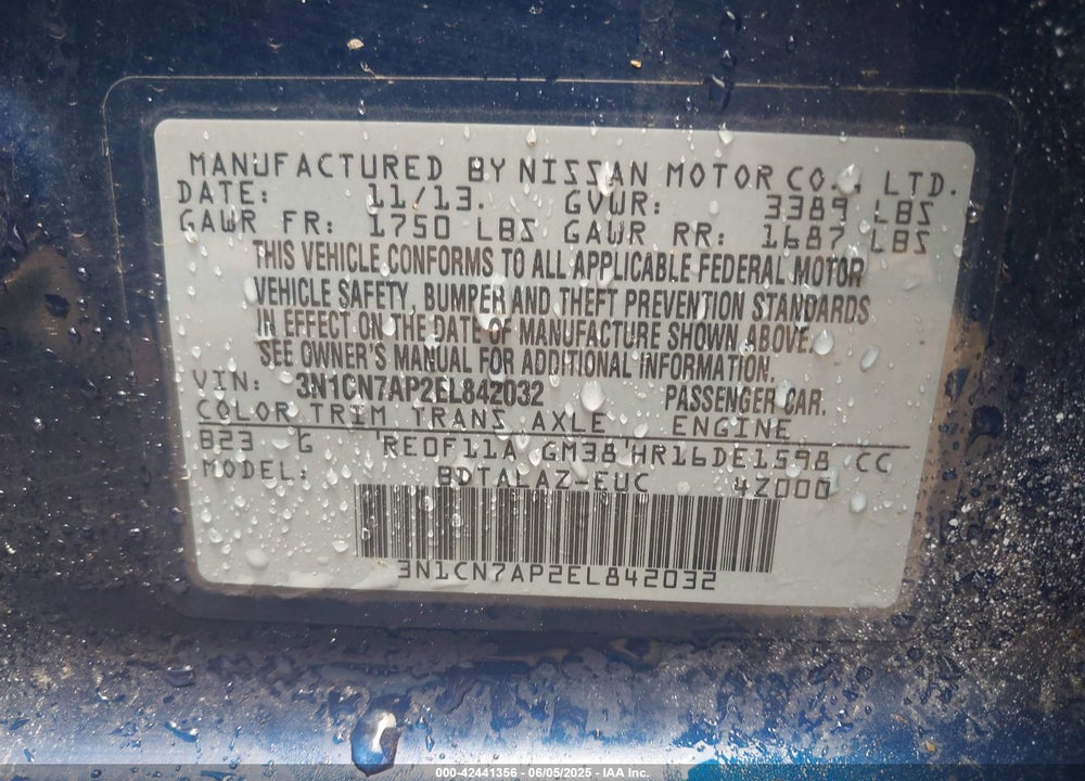 2014 NISSAN VERSA 1.6 S+ VIN: 3N1CN7AP2EL842032