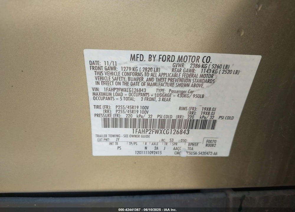 2012 FORD TAURUS VIN: 1FAHP2FWXCG126843