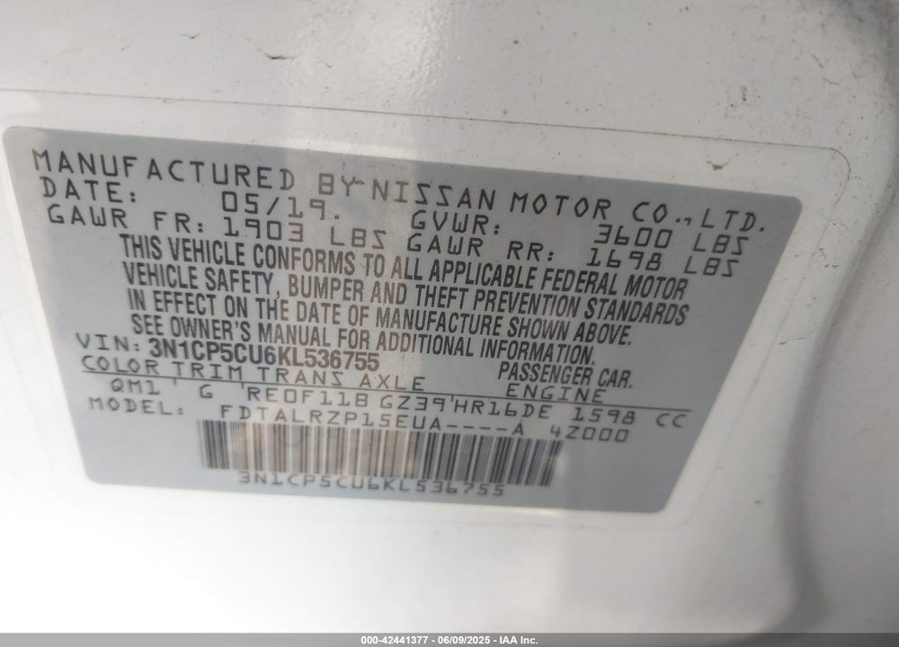 2019 NISSAN KICKS S VIN: 3N1CP5CU6KL536755