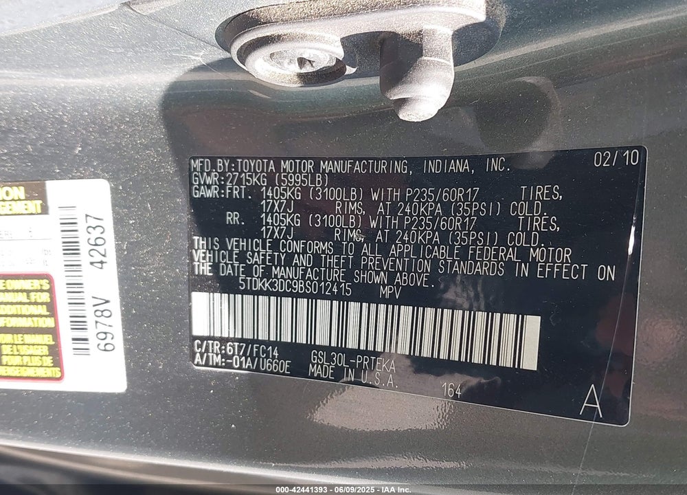 2011 TOYOTA SIENNA LE V6 VIN: 5TDKK3DC9BS012415