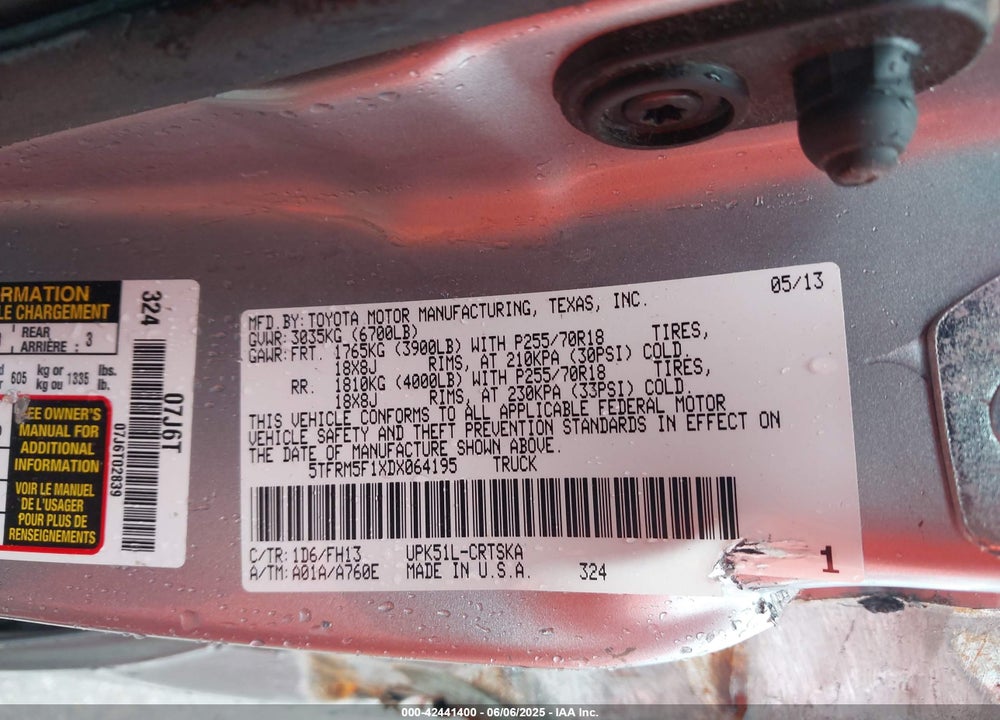 2013 TOYOTA TUNDRA VIN: 5TFRM5F1XDX064195